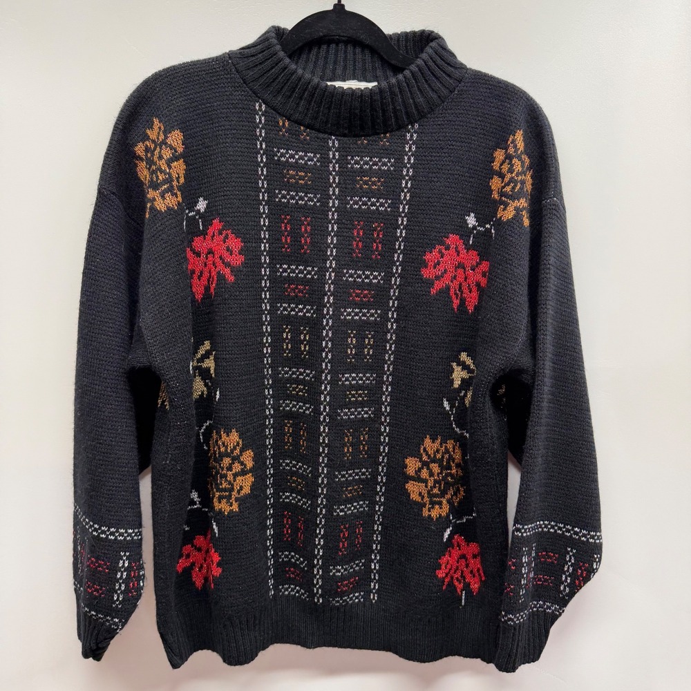 Vintage Dana Scott Black Mock Neck Sweater‎ Womens Large Fall Leaves Grandma